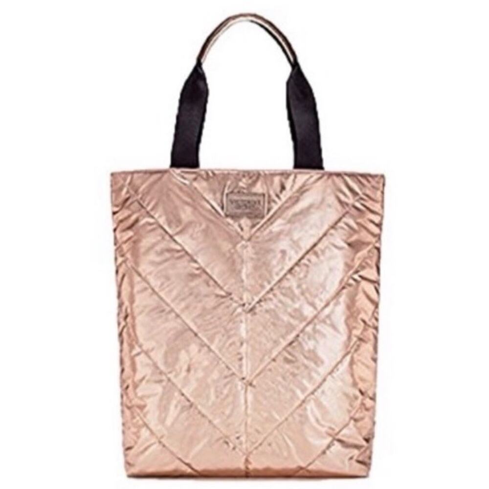VICTORIA’S SECRET Rose Gold Metallic Quilted Puffer Tote Shoulder Bag Purse - Picture 2 of 12